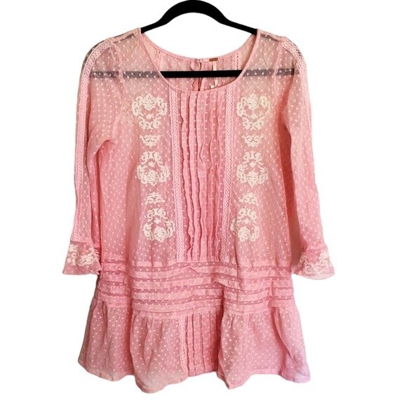 Free People Jocelyn Sheer Embroidered Pink Blouse - Picture 1 of 7